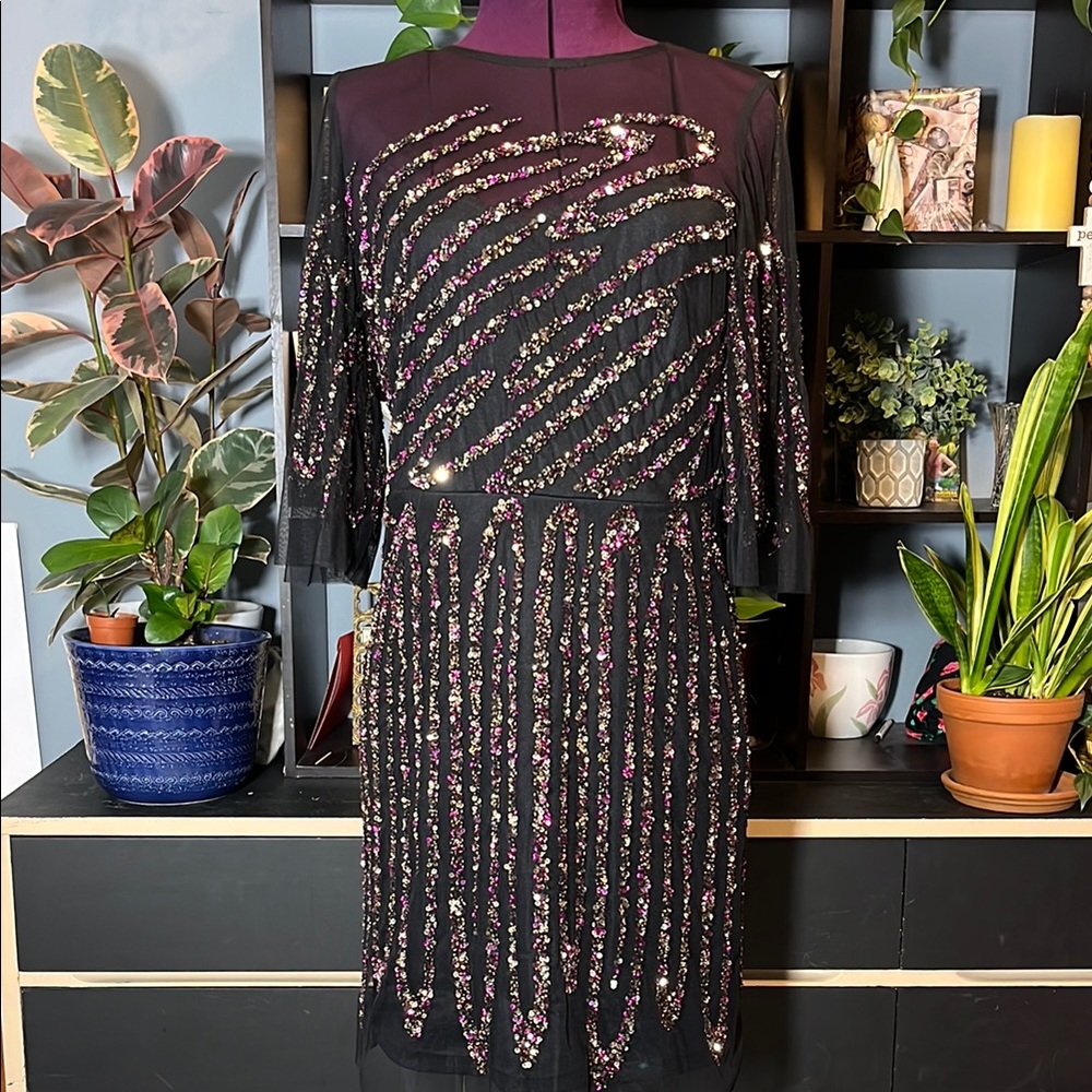 Aidan Mattox Elegant Black Bell Sleeve Dress with Purple and Gold Sequins